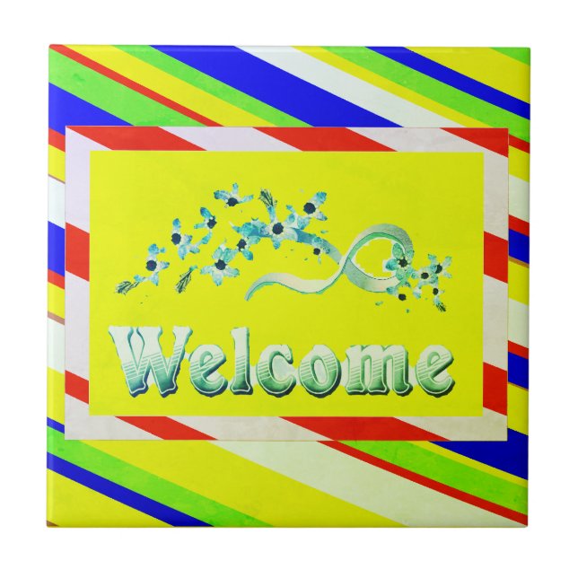 WELCOME DESIGN YELLOW WITH SILVER TEXT CERAMIC TILE (Front)
