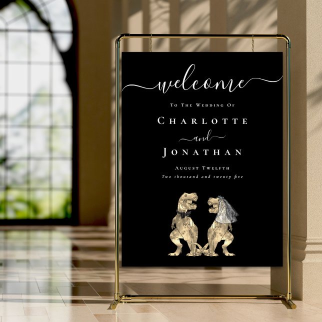 Welcome Dinosaur Wedding Black Personalized  Foam Board (Dinosaur themed wedding welcome sign T-Rex bride & groom Black and white modern elegant script )