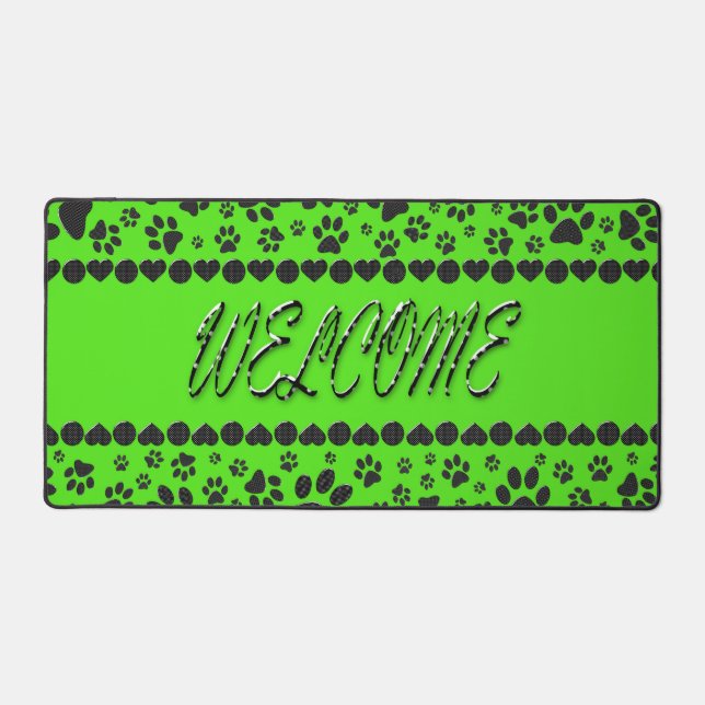 Welcome Dog Paws Black & White Polka Dot on Green  Desk Mat (Front)