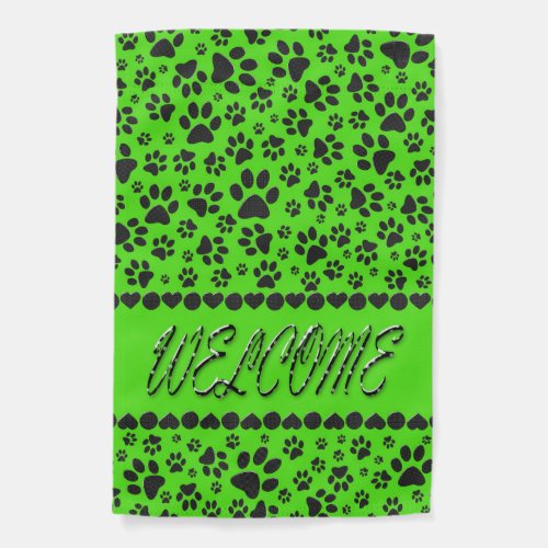 Welcome Dog Paws Black  White Polka Dot on Green  Garden Flag