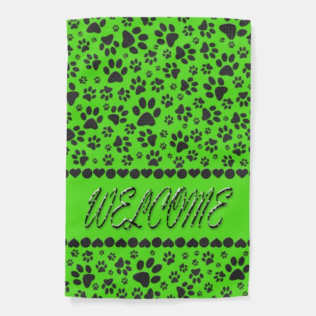 Welcome Dog Paws Black & White Polka Dot on Green  Garden Flag (Front)