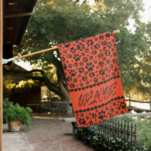 Welcome Dog Paws Black&White Polka Dot Vivid Red House Flag