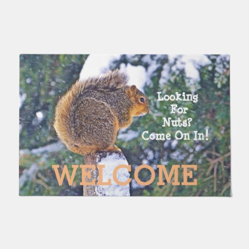 WELCOME DOOR MAT WITH SQUIRRELLOOKING FOR NUTS