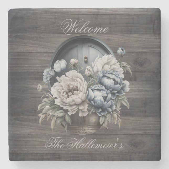 Welcome Door on Barnwood with Blue & White Peonies Stone Coaster (Front)