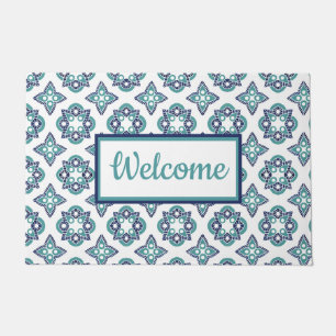Welcome DoorMat Turquoise tile pattern