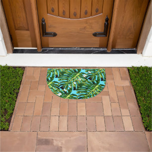 Welcome Doormat with Tropical Monstera Leaves