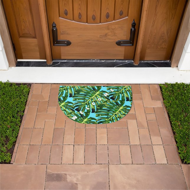 Welcome Doormat with Tropical Monstera Leaves (Outdoor)