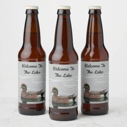 Welcome Duck Photo Wigeon Calm Water Lake House Beer Bottle Label