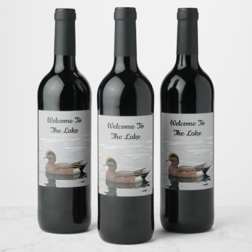 Welcome Duck Photo Wigeon Calm Water Lake House Wine Label