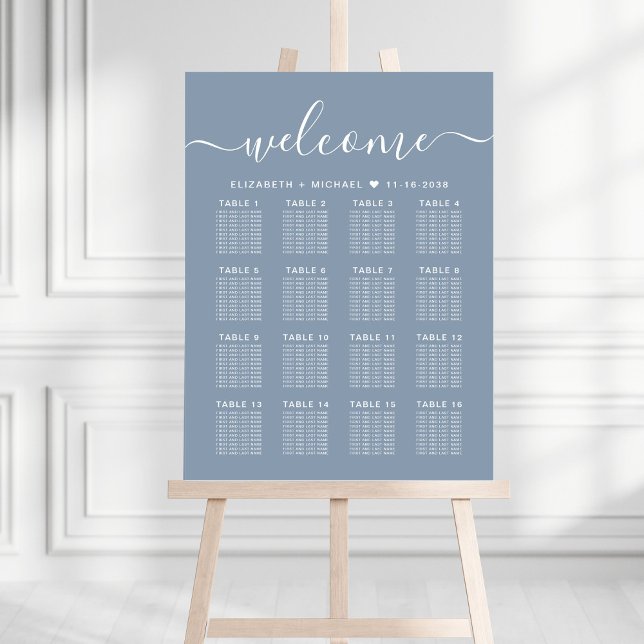 Welcome Dusty Blue 16 Table Wedding Seating Chart Foam Board (Creator Uploaded)
