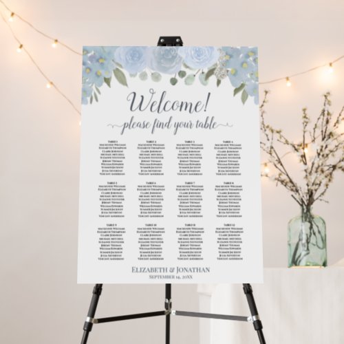 Welcome Dusty Blue Floral 12 Table Seating Chart Foam Board