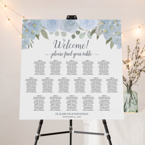 Welcome Dusty Blue Floral 16 Table Seating Chart Foam Board