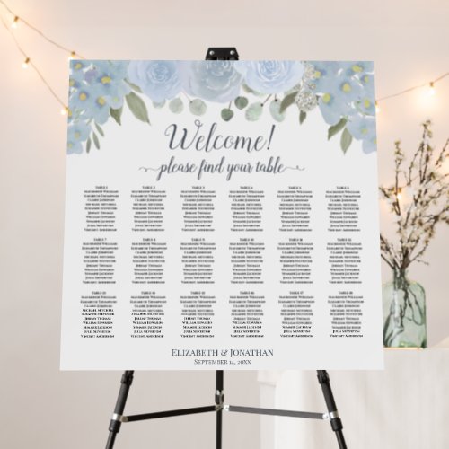 Welcome Dusty Blue Floral 18 Table Seating Chart Foam Board