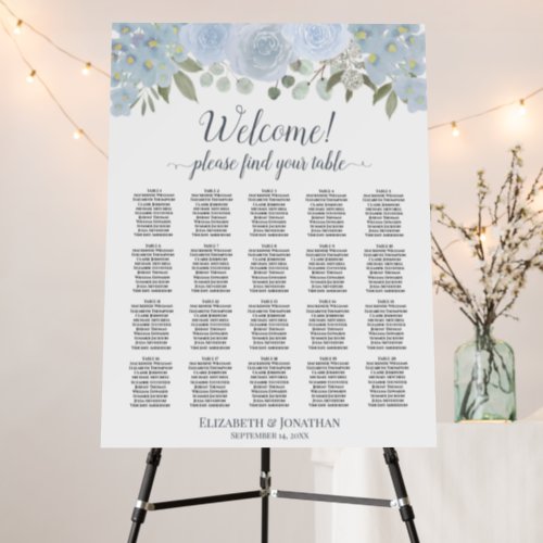 Welcome Dusty Blue Floral 20 Table Seating Chart Foam Board