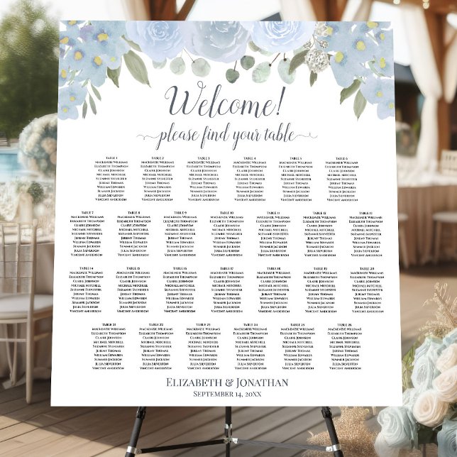 Welcome! Dusty Blue Floral 26 Table Seating Chart Foam Board (On Stand)