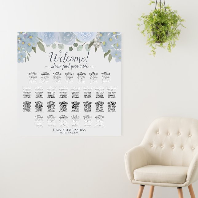 Welcome! Dusty Blue Floral 29 Table Seating Chart Foam Board (In Situ (Wall))