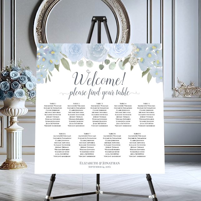 Welcome! Dusty Blue Floral 9 Table Seating Chart Foam Board (On stand)