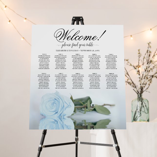 Welcome! Dusty Blue Rose 10 Table Seating Chart Foam Board (In Situ (Stand))