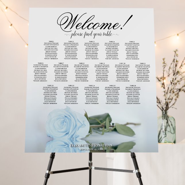 Welcome! Dusty Blue Rose 16 Table Seating Chart Foam Board (In Situ (Stand))