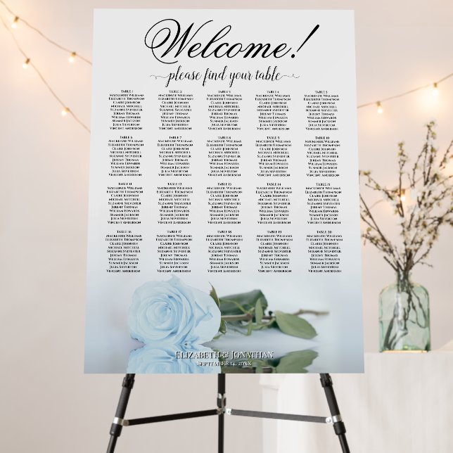 Welcome! Dusty Blue Rose 20 Table Seating Chart Foam Board (In Situ (Stand))