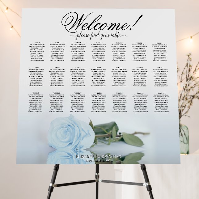 Welcome! Dusty Blue Rose 21 Table Seating Chart Foam Board (In Situ (Stand))