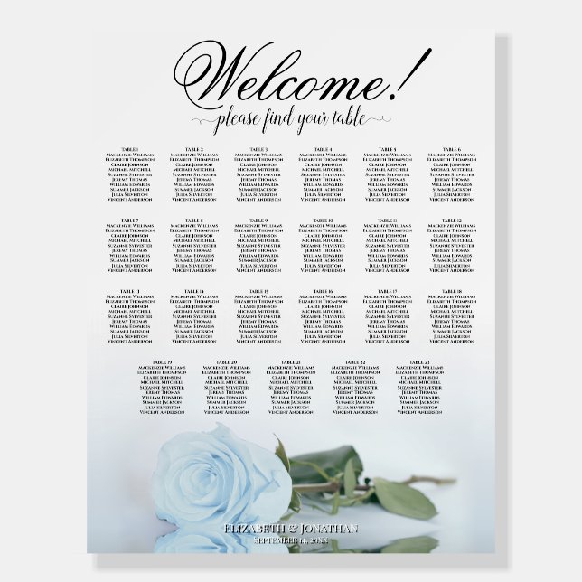 Welcome! Dusty Blue Rose 23 Table Seating Chart Foam Board (Front)