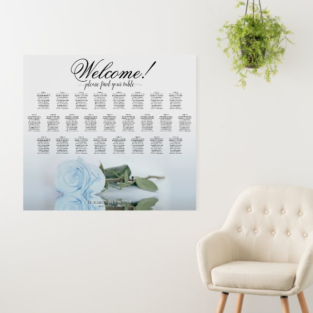 Welcome! Dusty Blue Rose 25 Table Seating Chart Foam Board (In Situ (Wall))