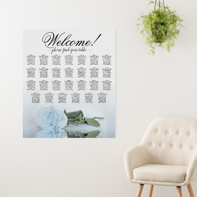 Welcome! Dusty Blue Rose 27 Table Seating Chart Foam Board (In Situ (Wall))