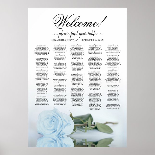 Welcome! Dusty Blue Rose Alphabetic Seating Chart (Front)