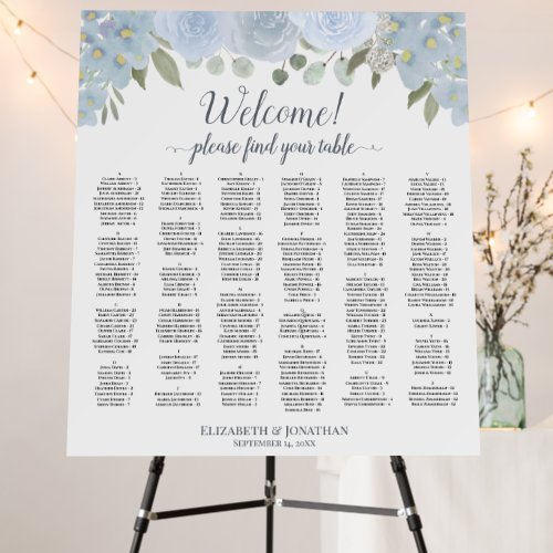 Welcome Dusty Blue Rose Alphabetical Seating Chart Foam Board