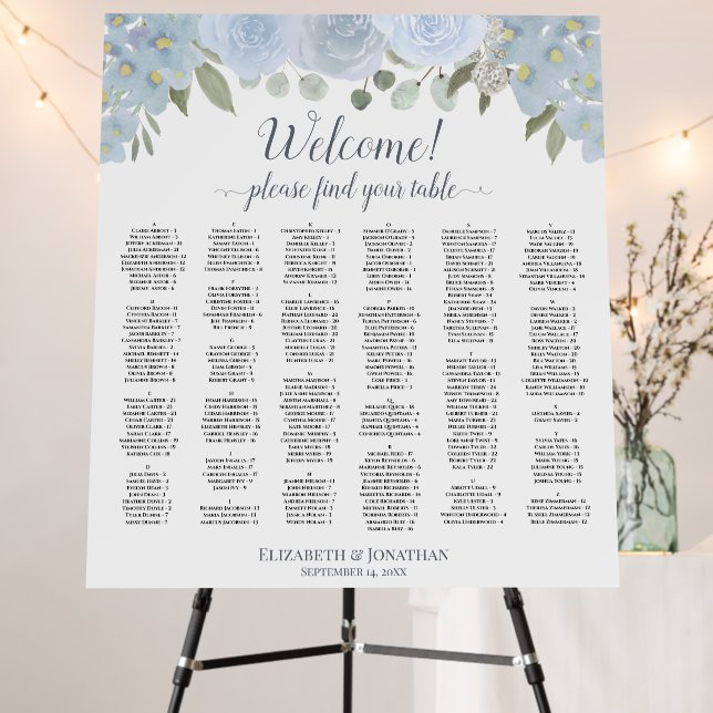 Welcome Dusty Blue Rose Alphabetical Seating Chart Foam Board (In Situ (Stand))
