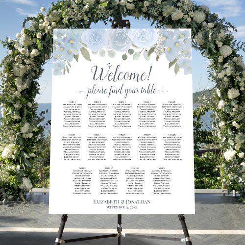 Welcome Dusty Blue Roses 14 Table Seating Chart Foam Board
