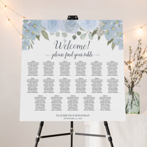 Welcome Dusty Blue Roses 17 Table Seating Chart Foam Board