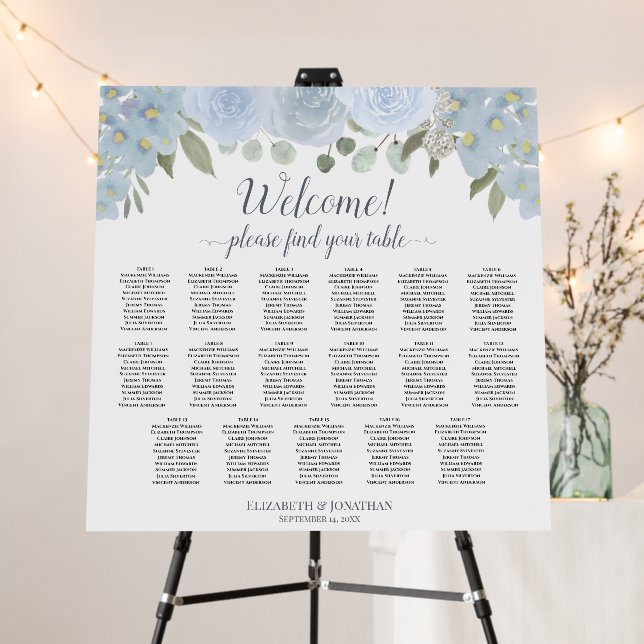 Welcome! Dusty Blue Roses 17 Table Seating Chart Foam Board (In Situ (Stand))