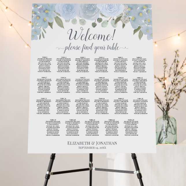Welcome! Dusty Blue Roses 23 Table Seating Chart Foam Board (In Situ (Stand))