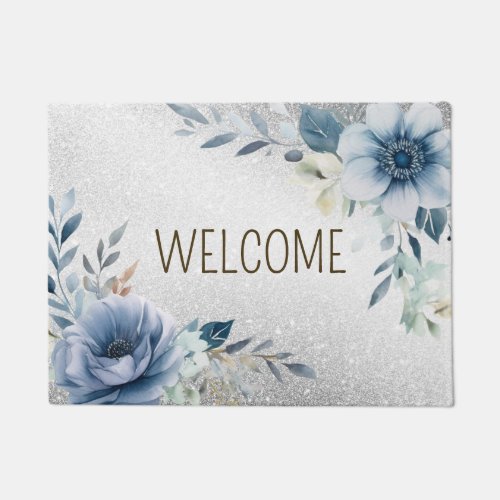 Welcome Dusty Blue Watercolor Flowers Silver Doormat