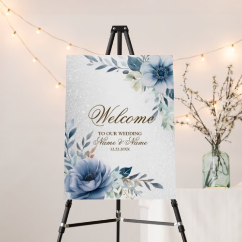 Welcome Dusty Blue Watercolor Flowers Silver Foam Board