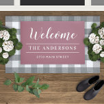 Welcome Dusty Rose Family Name and Address Doormat<br><div class="desc">This romantic dusty rose doormat features "Welcome" in delicate white calligraphy script with your family name and address in clean block lettering. The soft mauve pink tone adds a feminine touch to any entryway and pairs beautifully with cottage, farmhouse, or transitional home styles. A charming housewarming gift or bridal shower...</div>