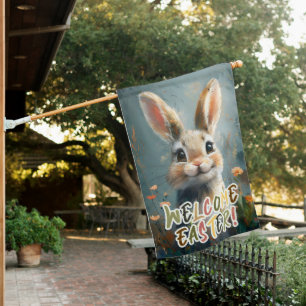 Welcome Easter Bunny with Flowers House Flag