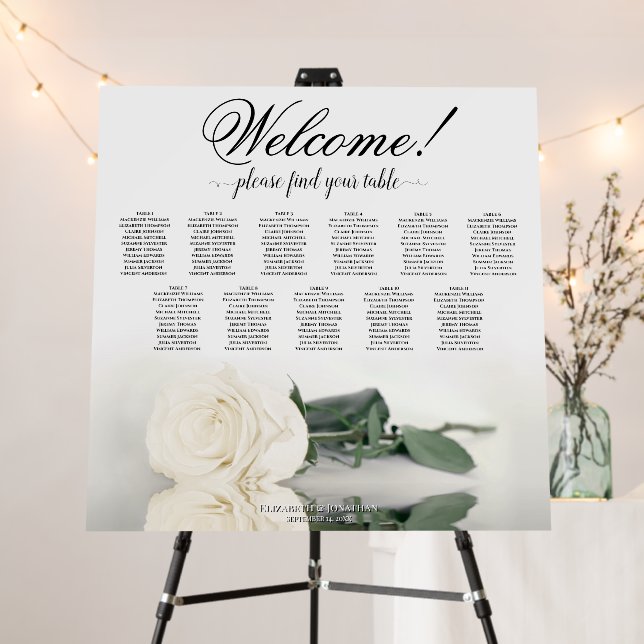Welcome! Elegant 11 Table White Rose Seating Chart Foam Board (In Situ (Stand))