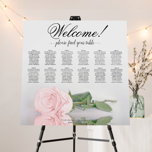 Welcome! Elegant 12 Table Pink Rose Seating Chart Foam Board (In Situ (Stand))