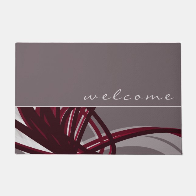 Welcome | Elegant Gray & Burgundy Ribbons Doormat (Front)