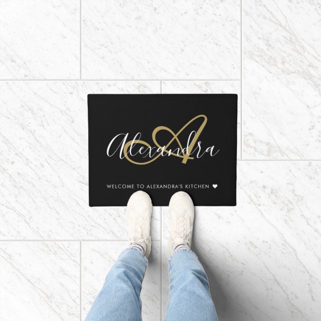 Welcome Elegant Monogram Black Gold Script Name  Doormat (Indoor)