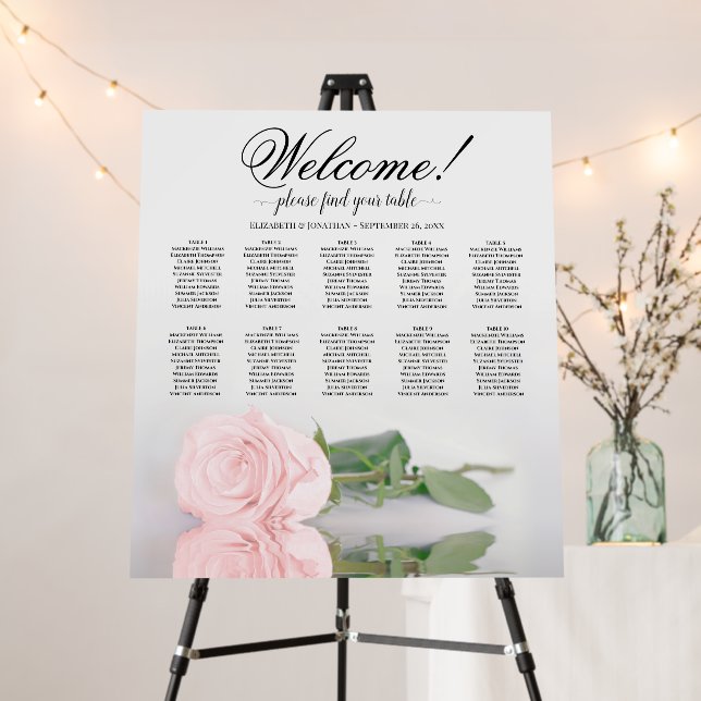 Welcome! Elegant Pink Rose 10 Table Seating Chart Foam Board (In Situ (Stand))