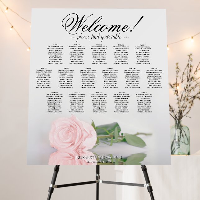 Welcome! Elegant Pink Rose 16 Table Seating Chart Foam Board (In Situ (Stand))