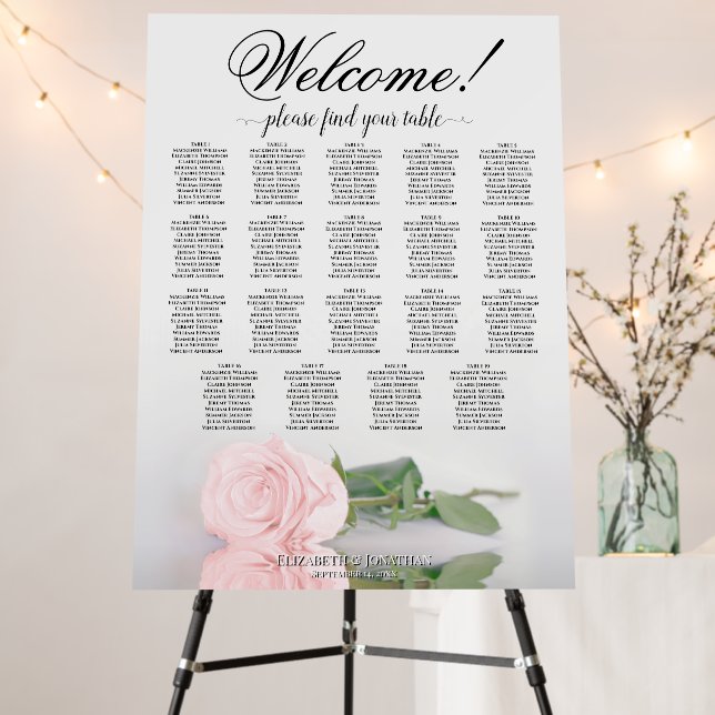 Welcome! Elegant Pink Rose 19 Table Seating Chart Foam Board (In Situ (Stand))