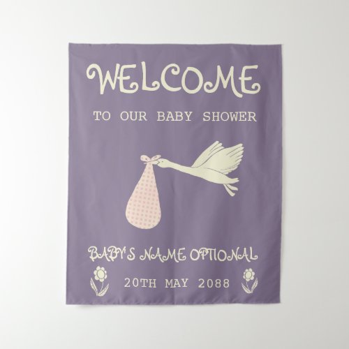 Welcome Elegant Purple Stork Flowers And Text Tapestry