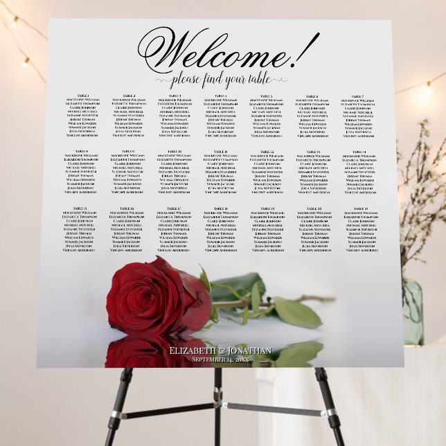 Welcome! Elegant Red Rose 21 Table Seating Chart Foam Board (In Situ (Stand))