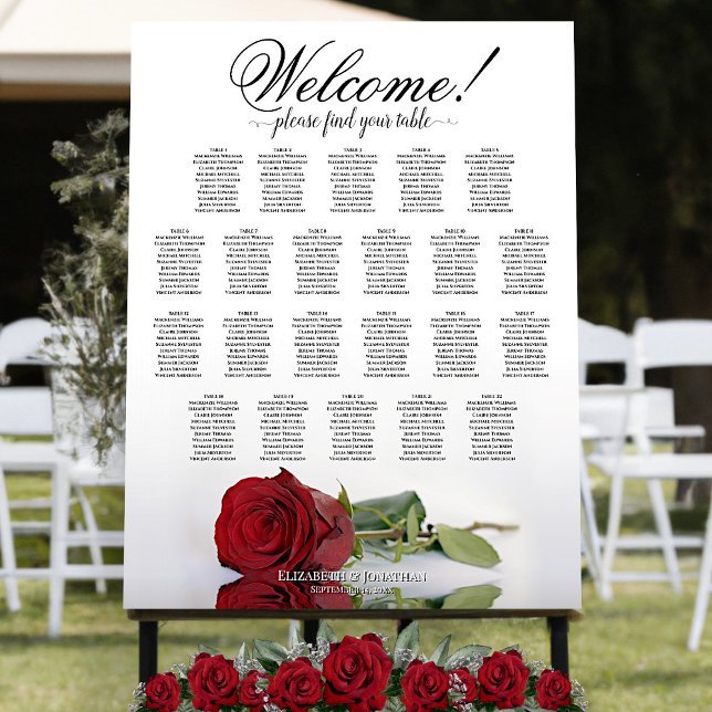 Welcome! Elegant Red Rose 22 Table Seating Chart Foam Board (In Situ on Stand at Venue)