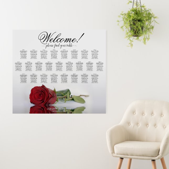 Welcome! Elegant Red Rose 25 Table Seating Chart Foam Board (In Situ (Wall))